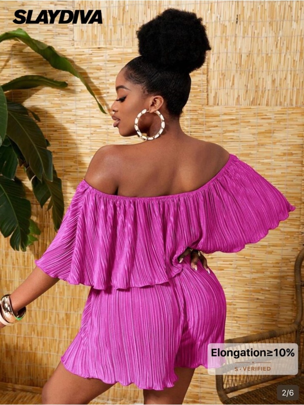 Off-Shoulder Fuchsia Pleated Romper - Picture 2 of 2